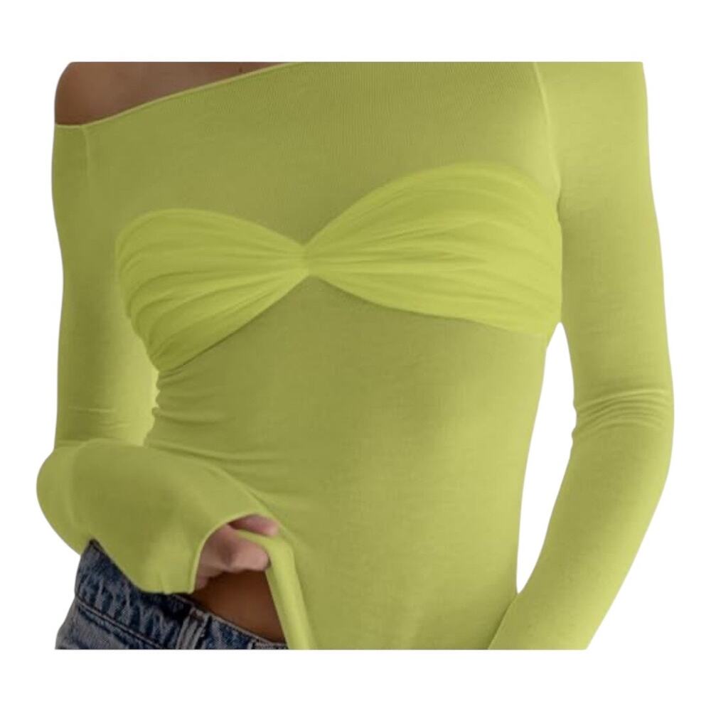 Meladyn OTS Ruched Sheer Y2K Long Sleeve Top Size Large Neon‎ Green